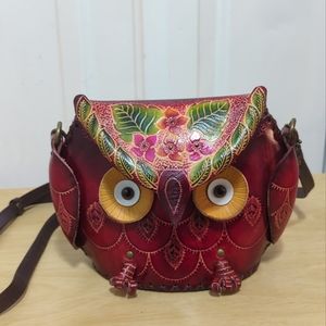 Handmade Genuine Leather Embossed 3 D OWL Animal Purse Handbag Crossbody HTF